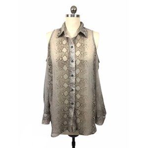 Hurley Womens Top Blouse Large Brown Reptile Print Cold Shoulder Button Down